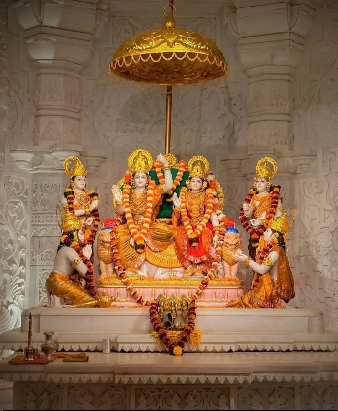 Lord Hanuman seated in devotion at the divine court of Lord Ram and Seeta Mata